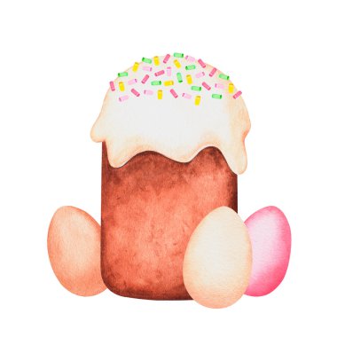 Paskalya pastası ve yumurta. Suluboya Paskalya illüstrasyonu. Beyaz bir arkaplanda izole edilmiş.