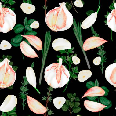 Kusursuz sarımsak deseni. Suluboya vintage illüstrasyon. Siyah bir arkaplanda izole edilmiş.