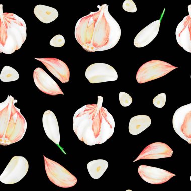 Kusursuz sarımsak deseni. Suluboya vintage illüstrasyon. Siyah bir arkaplanda izole edilmiş.