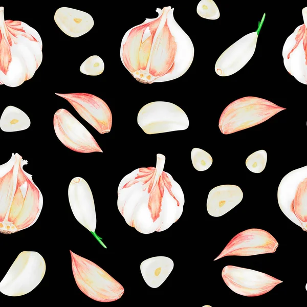 Kusursuz sarımsak deseni. Suluboya vintage illüstrasyon. Siyah bir arkaplanda izole edilmiş.