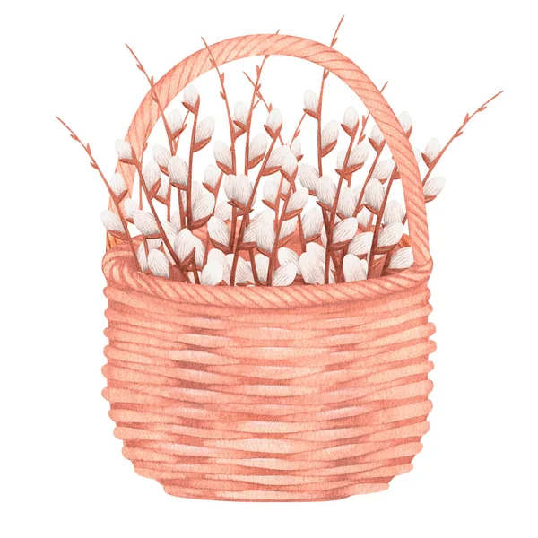 Ein Weidenkorb mit Weiden. Aquarell-Osterillustration. Isoliert auf weißem Hintergrund. lizenzfreie Stockbilder