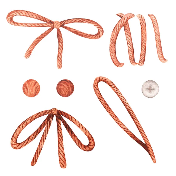 Balmumu ip ve pamuktan yapılmış bir fiyonk. Suluboya çizimi. Beyaz bir arkaplanda izole edilmiş.