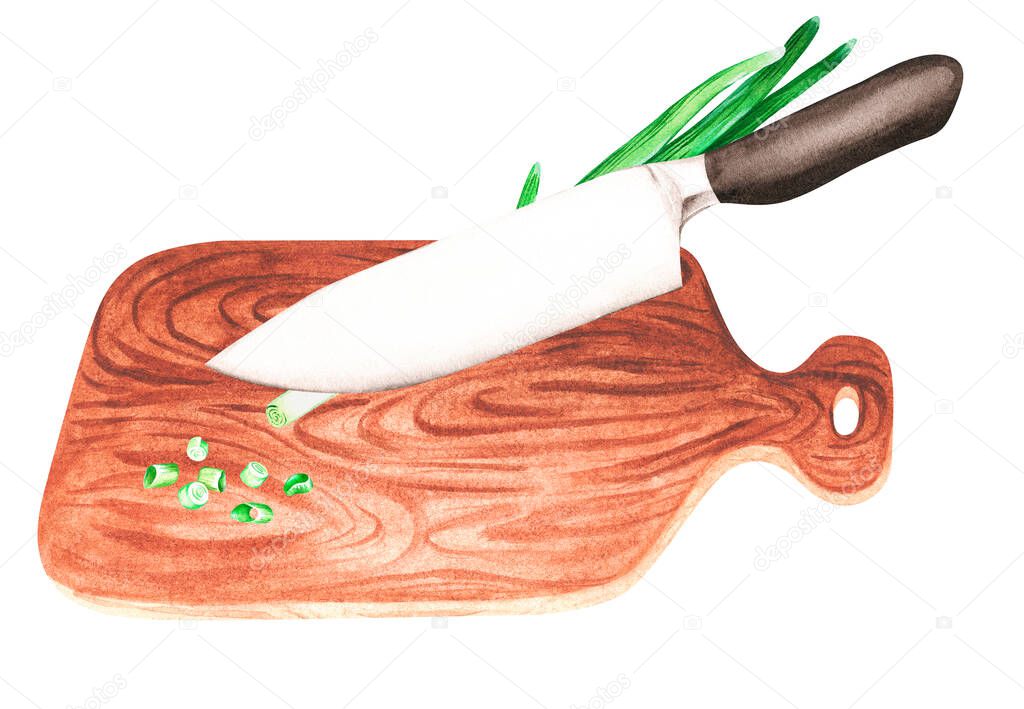 A knife cutting a green onion. Watercolor illustration. Isolated on a white background. For design.