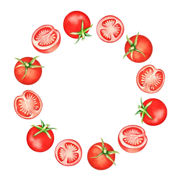 Una corona de tomates. Ilustración en acuarela. Aislado sobre un fondo blanco. Para el diseño. Imagen De Stock