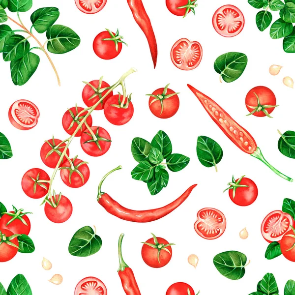 Modello senza soluzione di continuità di pomodori e peperoncino. Illustrazione ad acquerello. Isolato su sfondo bianco Immagine Stock