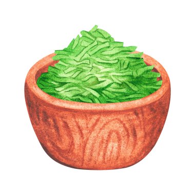 Tahta bardak ve doğranmış otlar. Suluboya çizimi. Beyaz bir arka planda izole edilmiş. Tasarım için.