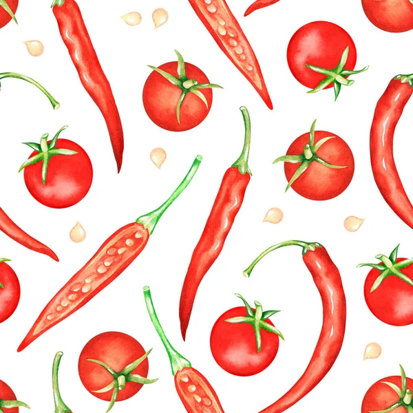 Patrón sin costuras de tomates y pimiento picante. Ilustración en acuarela. Aislado sobre un fondo blanco — Foto de Stock