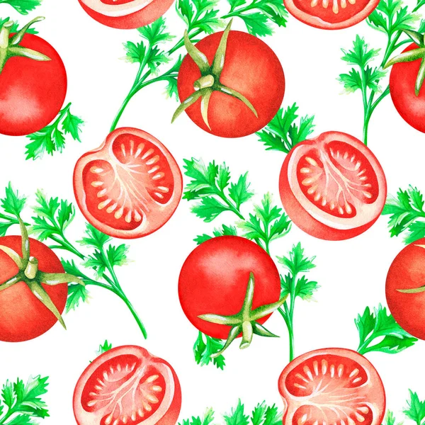 シームレスなパターン トマトとパセリ 水彩イラスト 白い背景に隔離されています あなたのデザインの料理本 レシピ エプロン キッチンアクセサリー 調味料パックのために — ストック写真