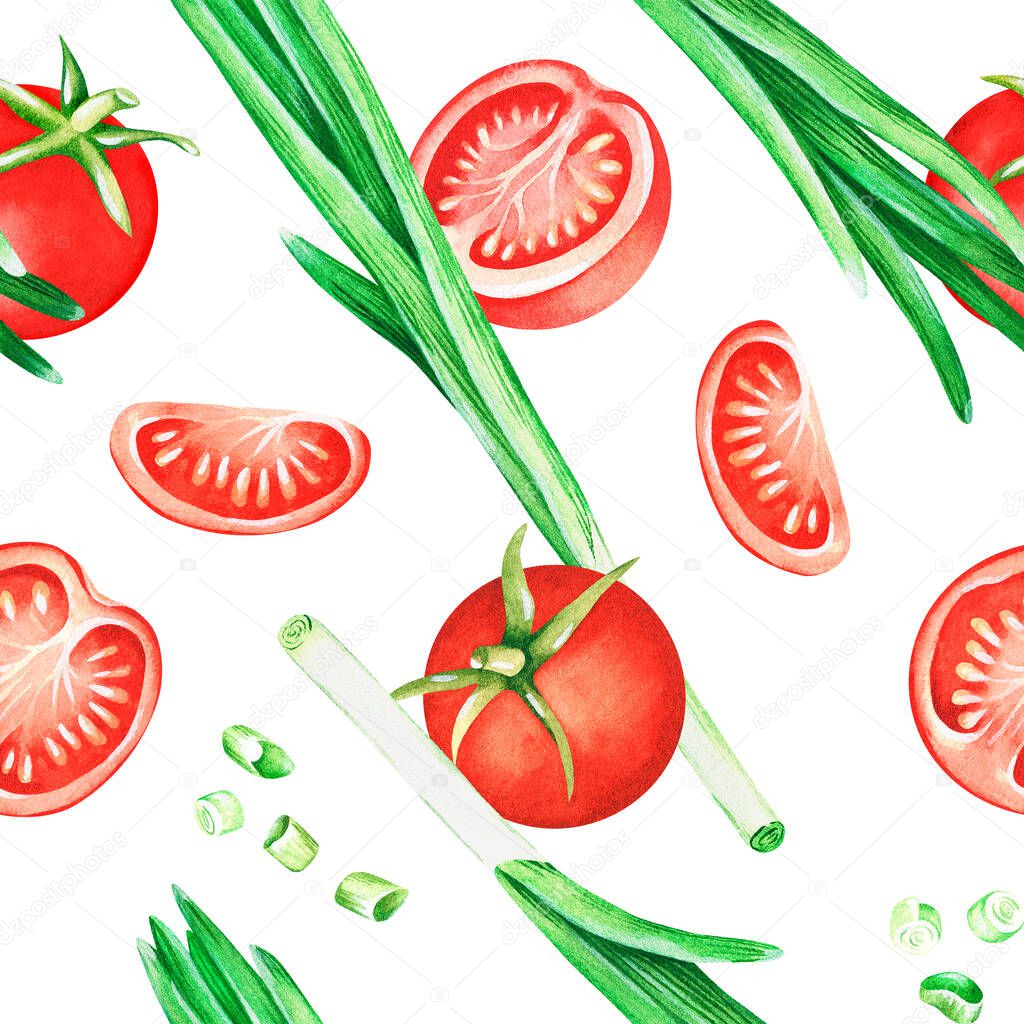 Seamless pattern. Tomatoes and green onion. Watercolor illustration. Isolated on a white background.