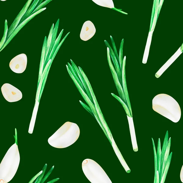 Zelená Cibule Loupaný Stroužek Česneku Ilustrace Akvarelu Izolované Zeleném Pozadí — Stock fotografie