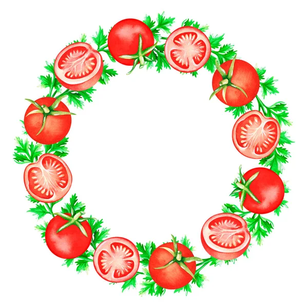 Ein Kranz Aus Tomaten Und Koriander Aquarell Illustration Vereinzelt Auf lizenzfreie Stockbilder