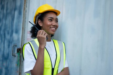 Ustabaşı kontrolü, kargo nakliye gemisinden ithal etmek için konteynır kutusu yüklüyor..