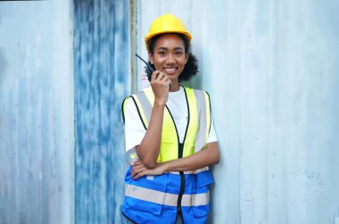 Ustabaşı kontrolü, kargo nakliye gemisinden ithal etmek için konteynır kutusu yüklüyor..