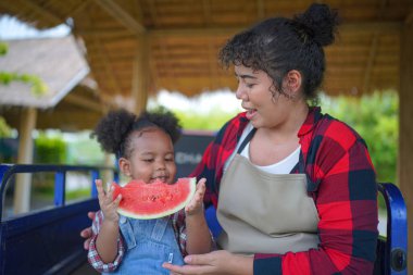 Anne ve kız bahçede, çeşitli ailelerde ve en iyi arkadaşlarla mutlu annelik hafta sonları çocuklarla, Anneler Günü konseptiyle dışarıda aktiviteler yapıyorlar.