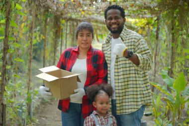Kızıyla birlikte organik çiftlikte vakit geçiren melez bir aile. Afro-Amerikan ailesi.