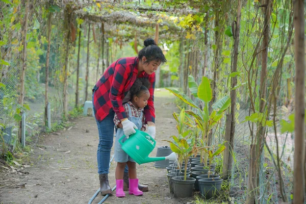 Mixed Race Family Daughter Spending Time Together Organic Farm African — Stock Photo, Image