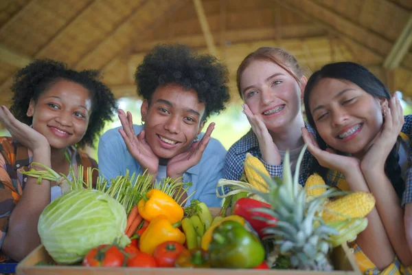 Gruppe Junger Vielfältiger Menschen Genießt Aktivität Auf Plantage Auf Biobauernhof — Stockfoto