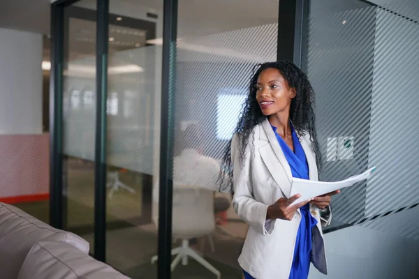 Modern ofiste çalışan Afro-Amerikan iş kadını portresi.