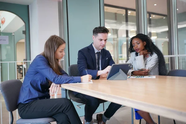 Genç iş adamları ve meslektaşlarının toplantıda laptopta ve dokunmatik kağıtları tartışırken görüntüsü