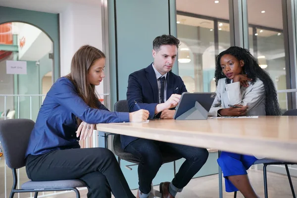 Genç iş adamları ve meslektaşlarının toplantıda laptopta ve dokunmatik kağıtları tartışırken görüntüsü