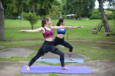 Young sporty attractive woman practicing yoga, doing yoga exercise with friend, yoga pose, working out, wearing sportswear, pants and top, outdoor full length