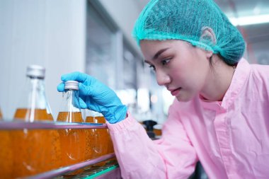 worker controlling the work of machine in production line at beverage industry.