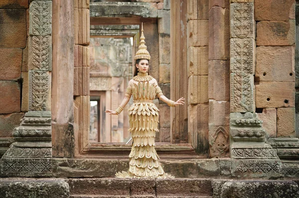 Woman Wearing Thai Dress Made Hand Symbol — Stock Photo, Image