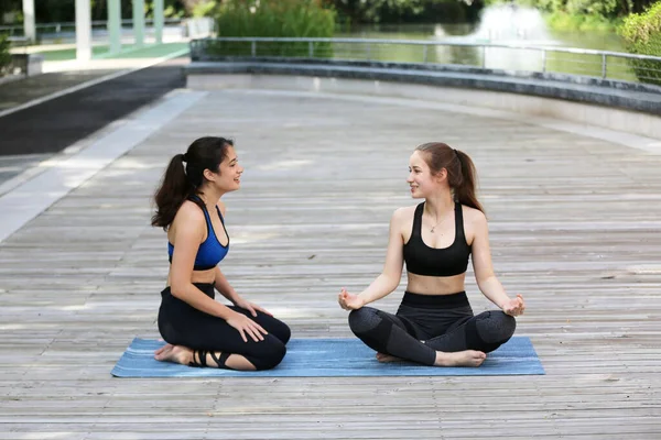 Young sporty attractive woman practicing yoga, doing yoga exercise with friend, yoga pose, working out, wearing sportswear, pants and top, outdoor full length