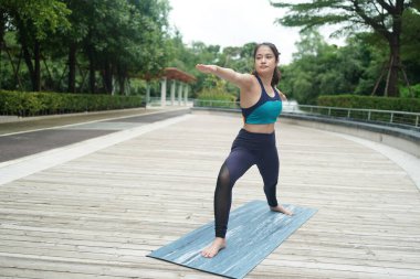 Young attractive woman doing stretching yoga exercise in the park.