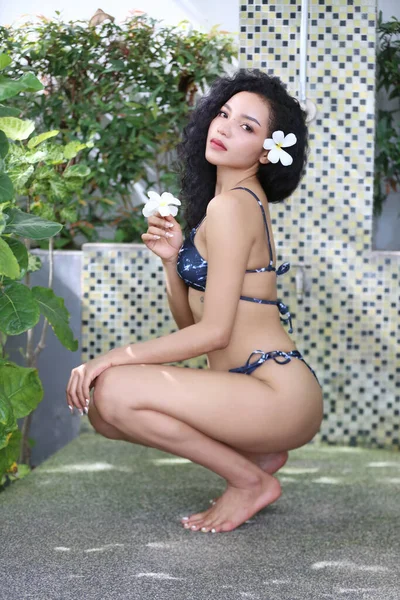 Attractive Young Woman Sexy Bikini Poolside Outdoor Swimming Pool Mixed — Φωτογραφία Αρχείου