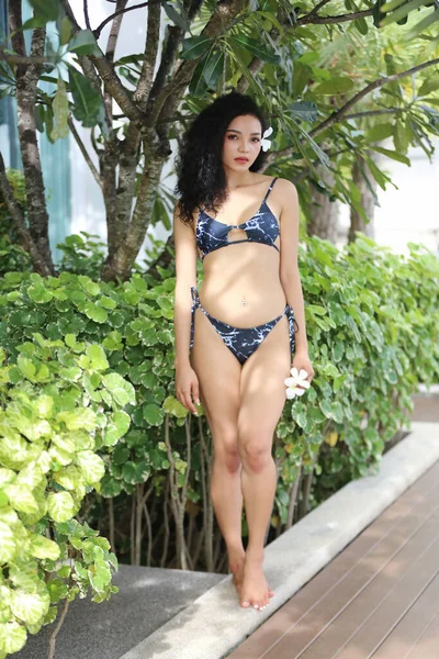 Attractive Young Woman Sexy Bikini Poolside Outdoor Swimming Pool Mixed — 图库照片