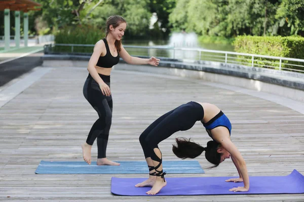 Young sporty attractive woman practicing yoga, doing yoga exercise with friend, yoga pose, working out, wearing sportswear, pants and top, outdoor full length