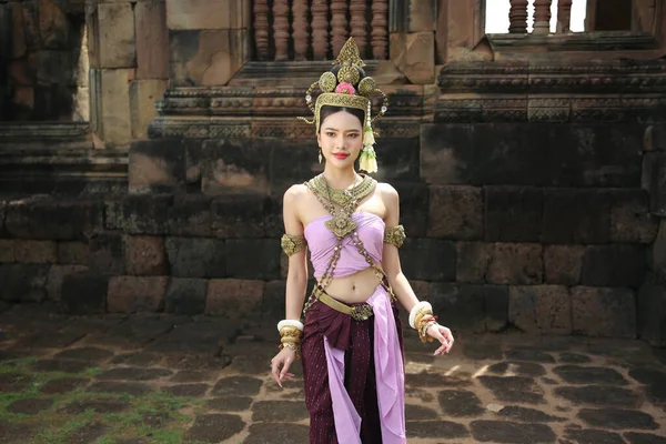 Woman Wearing Thai Dress Made Hand Symbol — Stock Photo, Image