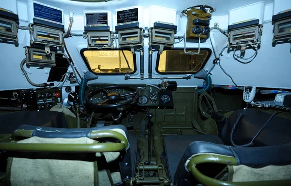 Driver Mechanic Cabin Ukrainian Combat Reconnaissance Vehicle Brdm Seat Wheel — Fotografia de Stock