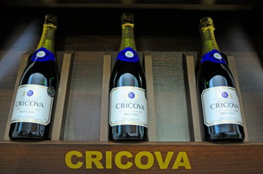 Bir şişe Moldova şarabı Cricova standda sunuldu. 27 Ekim 2018. Kiev, Ukrayna