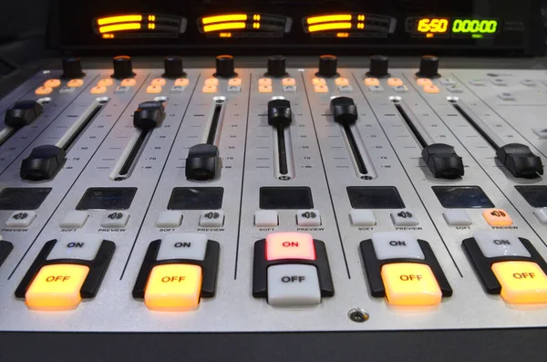 Audio Mixer Control Panel Working Radio Studio Buttons Volume Levels — Stock Photo, Image