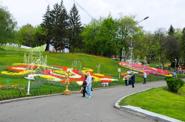 Şehir parkında yürüyen ve çimlere dikilmiş parlak lalelere bakan insanlar. Dünyanın dört bir yanındaki laleler festivalinin açılışı, Şarkı Söyleyen Saha Parkı. 27 Nisan 2018. Kiev, Ukrayna