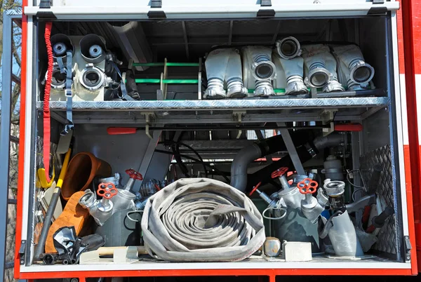 Part Equipment Firetruck Hoses Valves Syringe Water Cannon — Stock fotografie