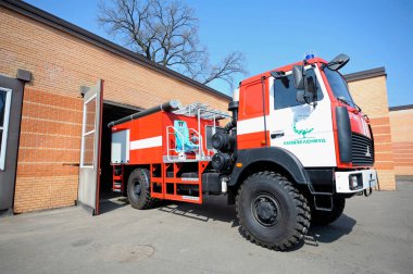 Fire truck driving out of the garage for firefighting, firehouse.April 5, 2019. Forestry of Sviatoshyn district, Kievskaya oblast, Ukraine
