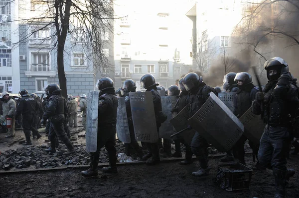 Berkut polisi, Institutskaya caddesinde protestoculara saldırıyor. Haysiyet Devrimi, ilk sokak çatışmaları.