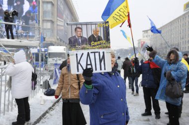 An old woman holding blaming poster with photos of Viktor Yanukovych and Mykola Azarov and writing Executioners, crowd of protesters walking around.