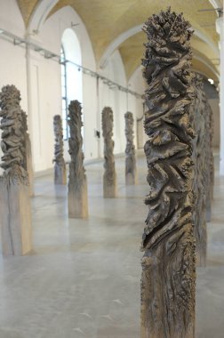 Sergi salonundaki kurulum seti. Arka planda da aynı bulanık sergiler var. Arsenale 2012. 30 Temmuz 2012. Kyiv, Ukrayna