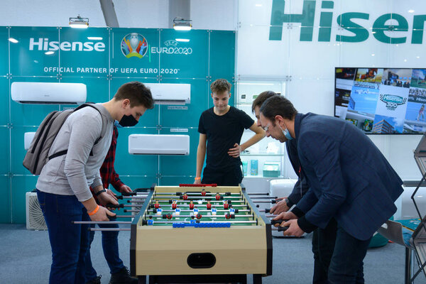 Group Young Men Playing Foosball February 2021 Kyiv Ukraine Stock Picture