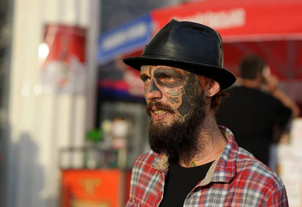 Portrait Young Bearded Man Hat Artistic Face Tattoo May 2019 — Stockfoto