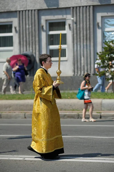 Young Man Orthodox Monk Bringing Church Candle Street Cross Procession — Zdjęcie stockowe