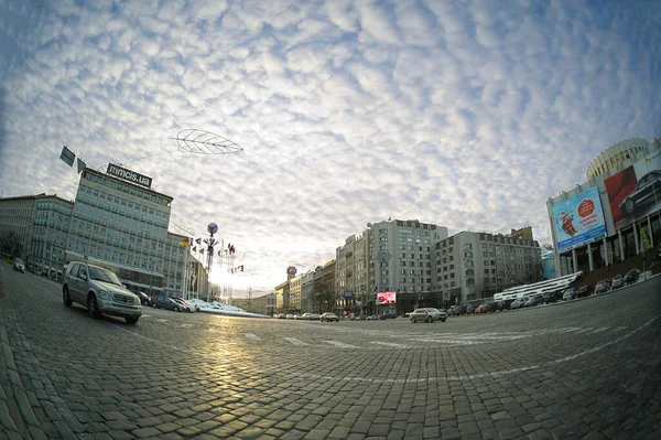 View European Square Buildings Cars Driving December 2019 Kyiv Ukraine — Foto Stock