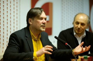 Yurii Andrukhovych, famous Ukrainian writer, giving press-conference. October 10, 2016. Kyiv, Ukraine