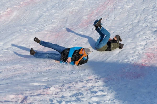 Adults Riding Ice Slide Stomachs Just Fun January 2019 Kyiv — Stock Photo, Image