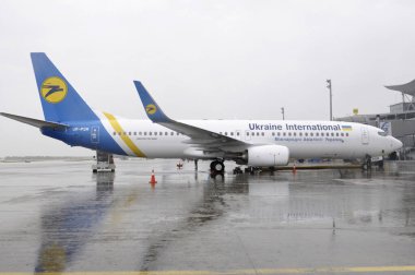 Uçak Boeing 737, uçak park alanına park edilmiş. 23 Ekim 2018. Borispol, Ukrayna