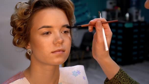 Eyebrow makeup styling. Professional makeup artist uses brush to correct eyebrows of young woman — Stock Video